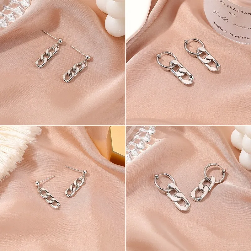 

U-Magical Unique Design Chunky Curb Chain Dangle Earrings for Women Trendy Metallic Clip Earrings Everyday Jewelry Pendientes