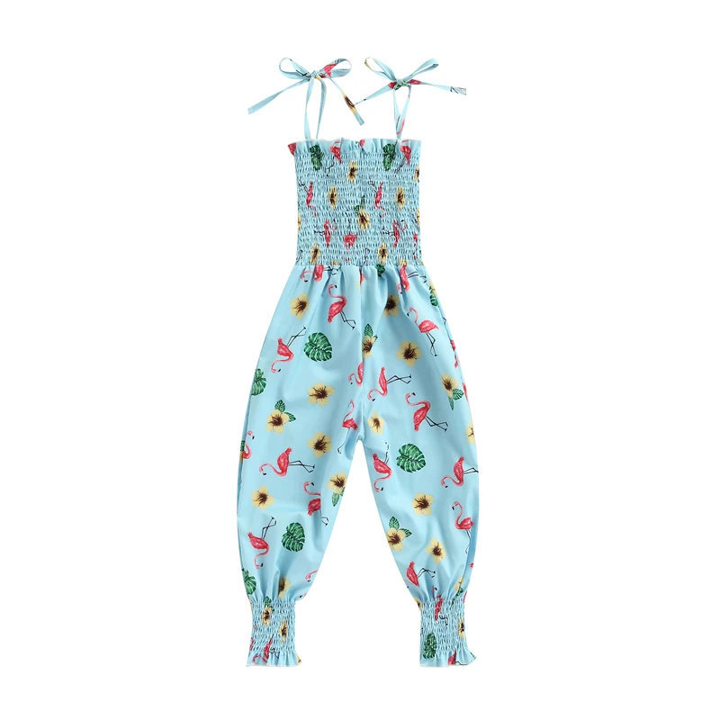 

Children Girl Jumpsuit, Kid Tie Up Shoulder Straps Pleated Chest Flower Flamingo Leaf Pattern Printed Piece