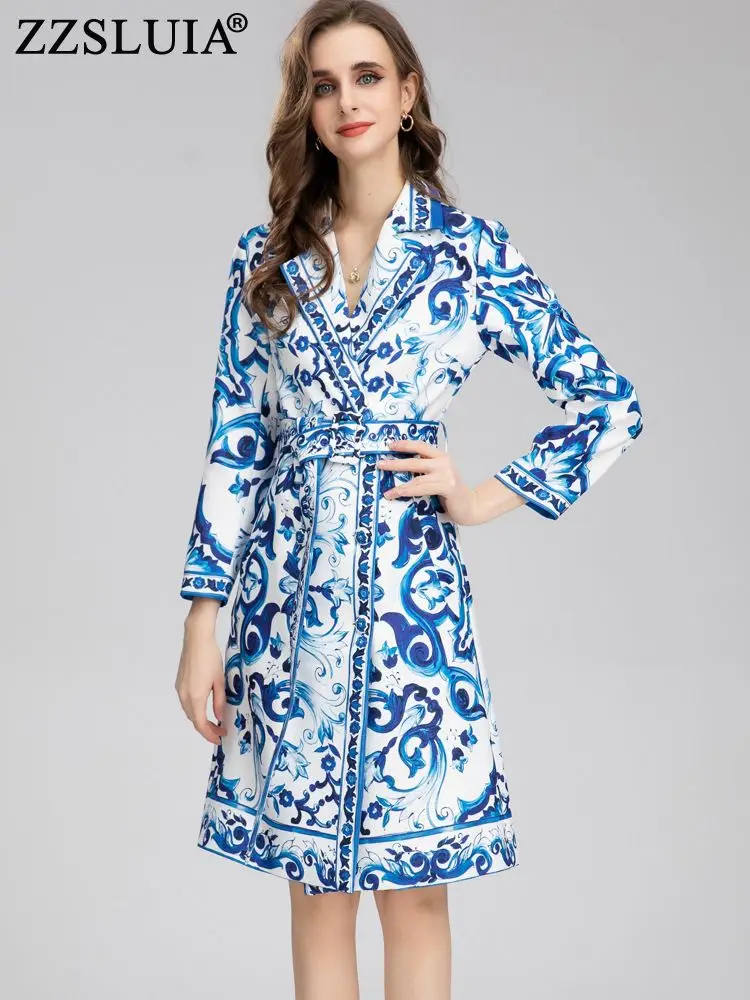 

Женский винтажный Тренч ZZSLUIA, сине-белый дизайнерский длинный Тренч с фарфоровым принтом и поясом, модный элегантный Тренч с длинным рукаво...