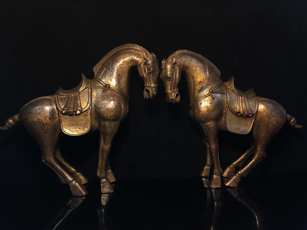 

11"Tibetan Temple Collection Old Bronze Cinnabar Mud gold Don horse Fortune Horse horse a pair ornament Town house Exorcism