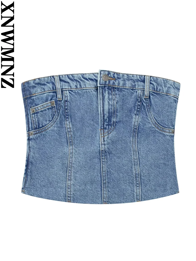 

XNWMNZ Women's Fashion 2023 Denim Strapless Bustier Top Women High Street Frayed Hem Front Zipper Slim Female Chic Top