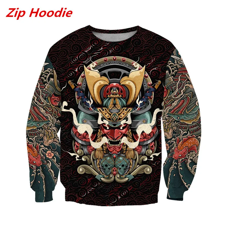Новинка осенняя мужская Толстовка Oni с 3D принтом самурайского тату на молнии