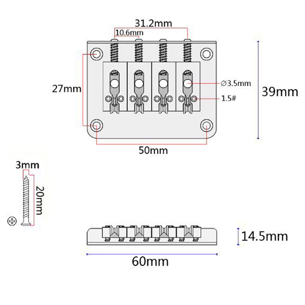 

New Guitar Bridge Zinc Alloy For Cigar Box Guitars For Cigarbox Guitar Hardtail 4 String 60*39*14.5mm Adjustable Approx.80g