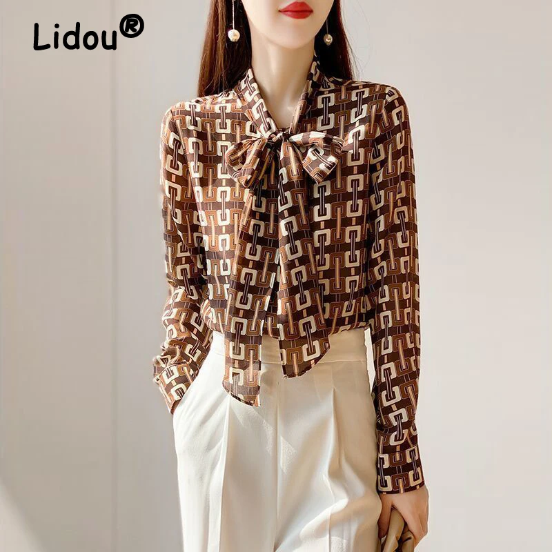 

Vintage Printed Elegant Office Lady Bow Button Up Shirt Korean Fashion Long Sleeve Loose Business Casual Blouse Top Women Blusas