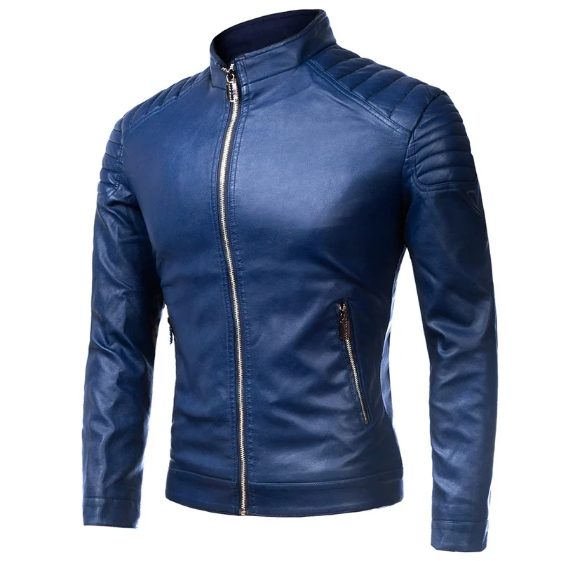 

Мужская куртка из искусственной кожи, простая мотоциклетная куртка на весну и осень, деловая синяя куртка из искусственной кожи на молнии с ...