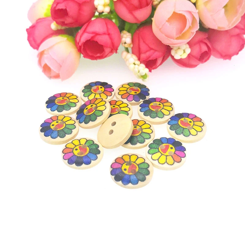 

50PCs Wooden Sewing Buttons Scrapbooking Round Two Holes Flower Pattern 15mm Dia. buttons for clothing decorative B20069