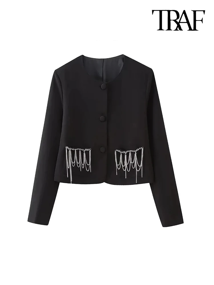 

TRAF-Beaded Fringing Cropped Blazer for Women, Long Sleeve Coat with Patch Pockets, Female Outerwear, Chic Tops, Fashion