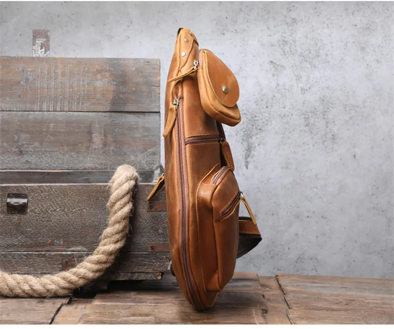 Retro fashion crazy horse leather chest bag men's large-capacity messenger bag casual sports one-shoulder bag cowhide backpack