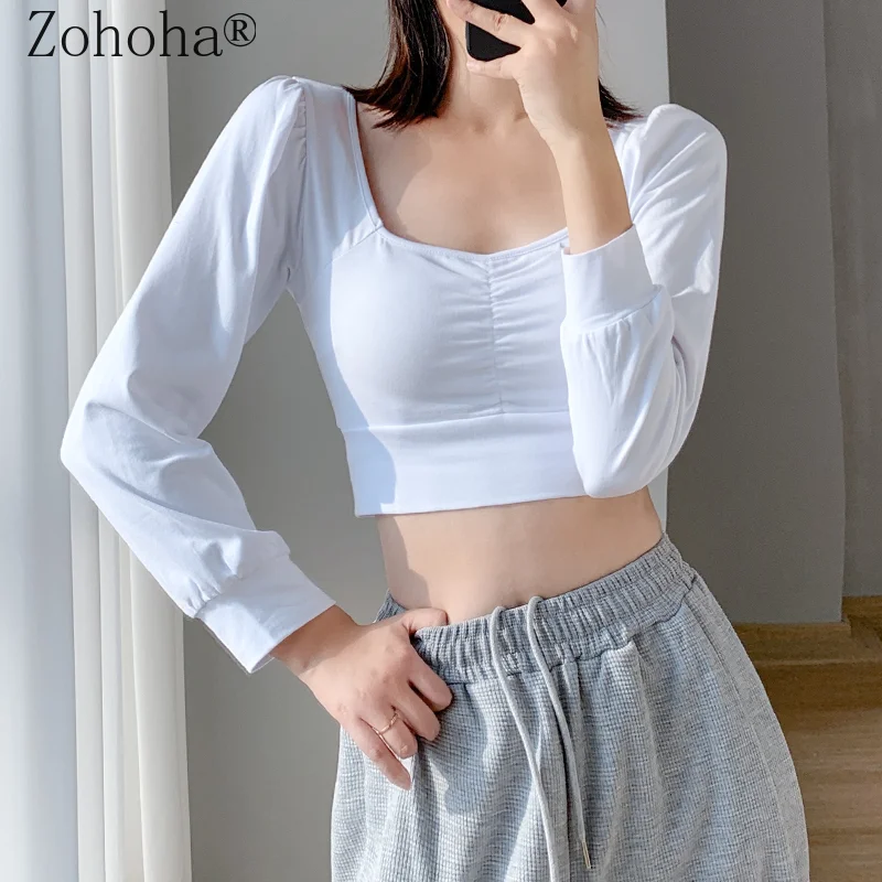 

Zohoha 2022 Square Collar Crop Top Women Spring Summer Casual T Shirt Basic Sexy Streetwear Slim Sexy White Long Sleeve Tops