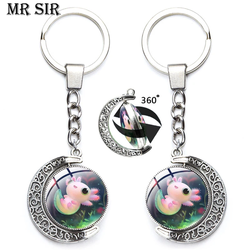 

Cute Axolotl Pendant Keychain Cartoon Animal 360 Degree Rotation Moon Glass Cabochon Double Sided Keyring Bag Key Holder Jewelry