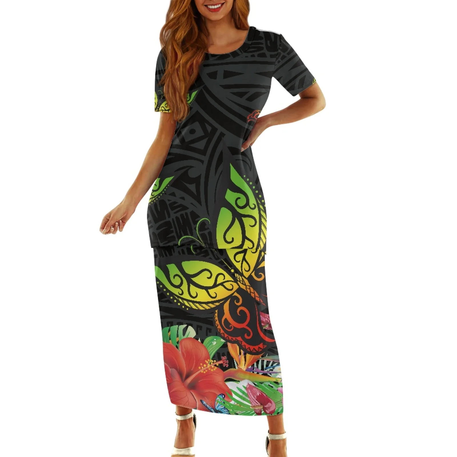 

Polynesian Tribal Samoan Totem Tattoo Samoa Prints Round-Neck Short Sleeve Fashion Ladies Casual Women Long Dresses Beach Dress
