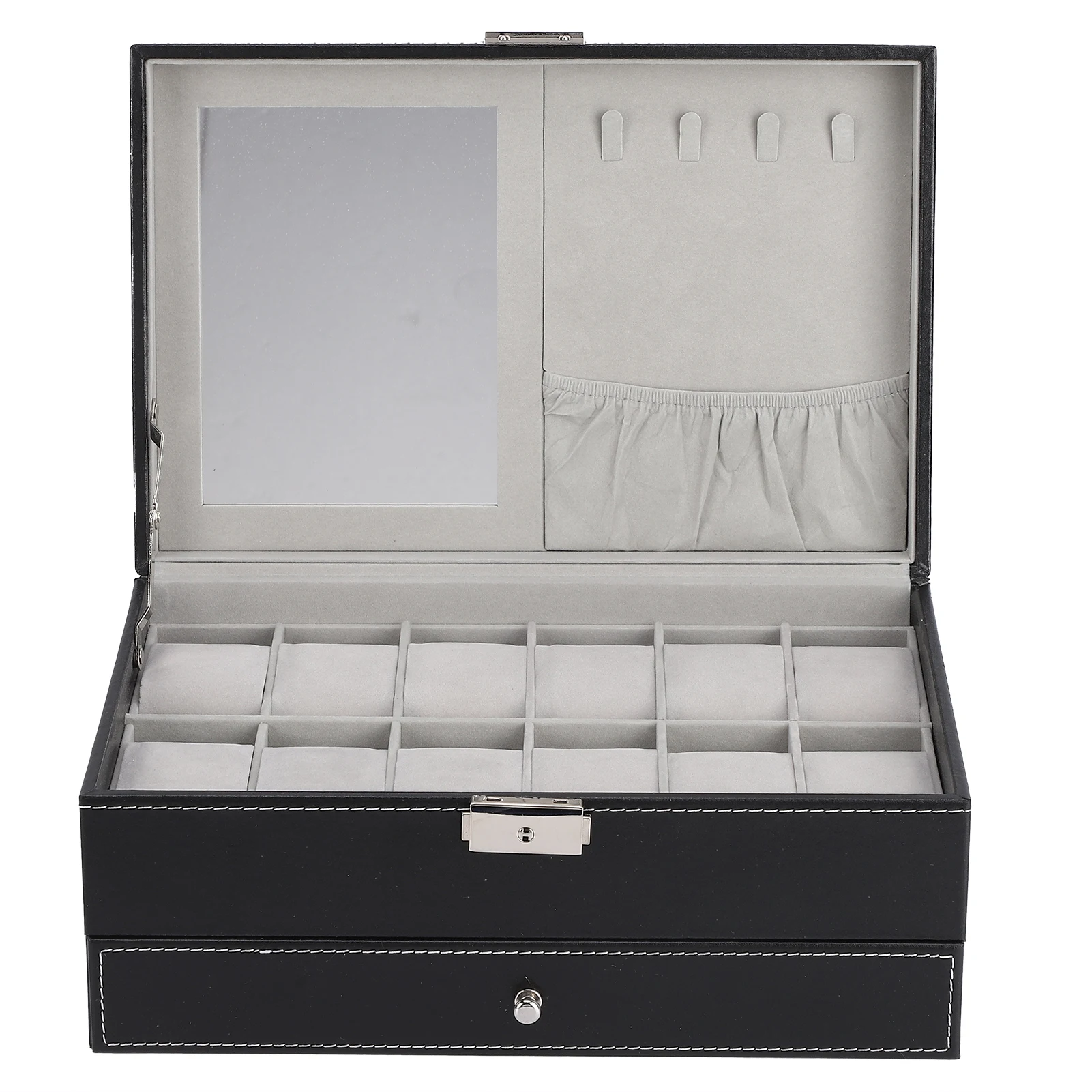 

Watch Box 12 Slots Luxury Leather Display Cabinet Metal Men's and Women's Double Layer Watch Jewelry Storage Box with Key