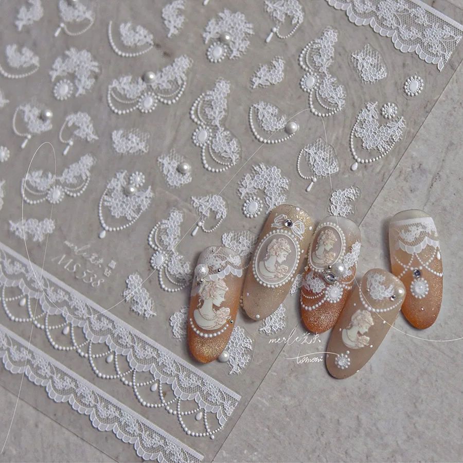 1 Шт. 5D Розовые Белые Кружевные Ретро-цветочные Наклейки Для Ногтей Маникюра