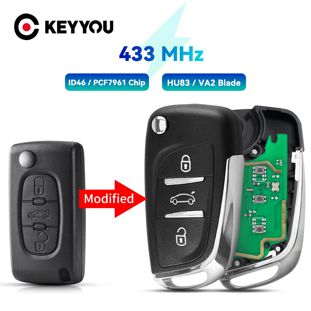 KEYYOU 2/3 Button 433MHZ Modified Filp Car Remote Key For Peugeot Partner 307 308 407 408 3008 ASK Control Key HU83/VA2 CE0536