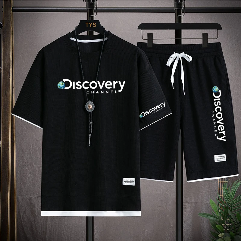 Summer Discovery Men's Two Piece Set Linen Fabric Casual T-Shirt and Shorts Set Mens Sports Suit Fashion Short Sleeve Tracksuit