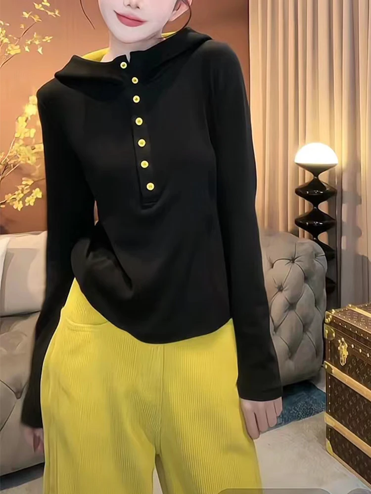 Plus Size High-End Black Temperament Hood Shoulder Korean Series 2024 Autumn New Half-Open Collar Breasted Bottoming Shirt T-...