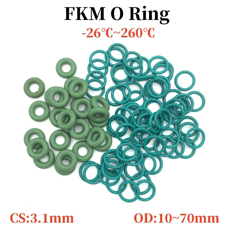 

50pcs Superior FKM Fluorine Rubber CS 3.1mm OD 10mm~70mm O Ring Sealing Gasket Insulation Oil High Temperature Resistance Green