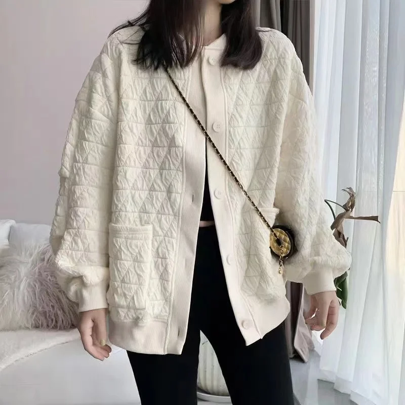 Women's White Rhombus Padded Coat Autumn Winter 2022 Niche Temperament Wild Coat Loose Thickened Baseball Uniform Jacket