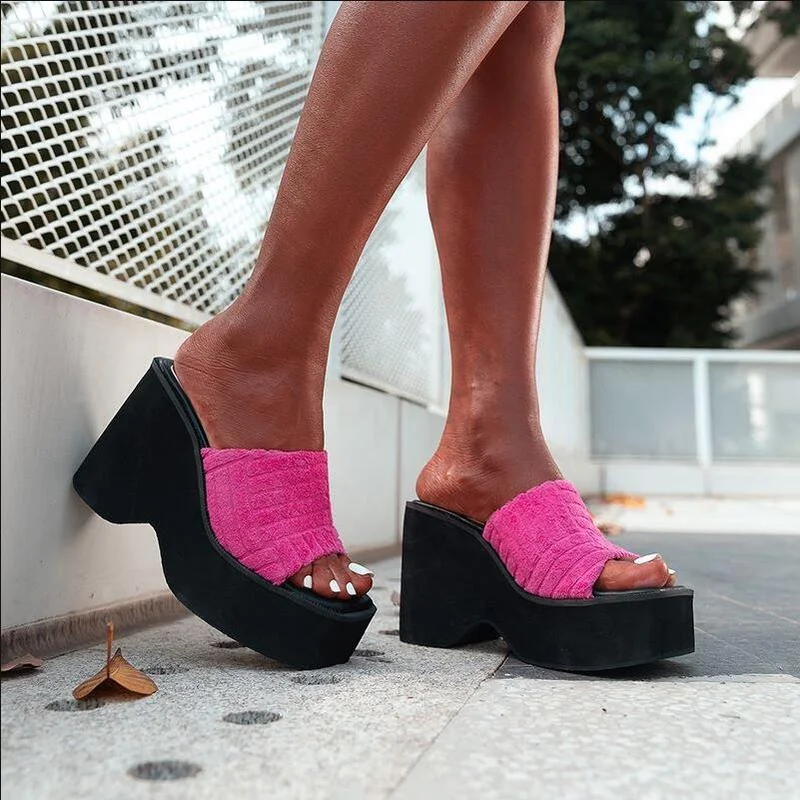 

Leisure Trendy Platform Wedges Sandals Shoes Women Slippers Big Size 43 Summer Black White Chunky Heeled Mules High Heels