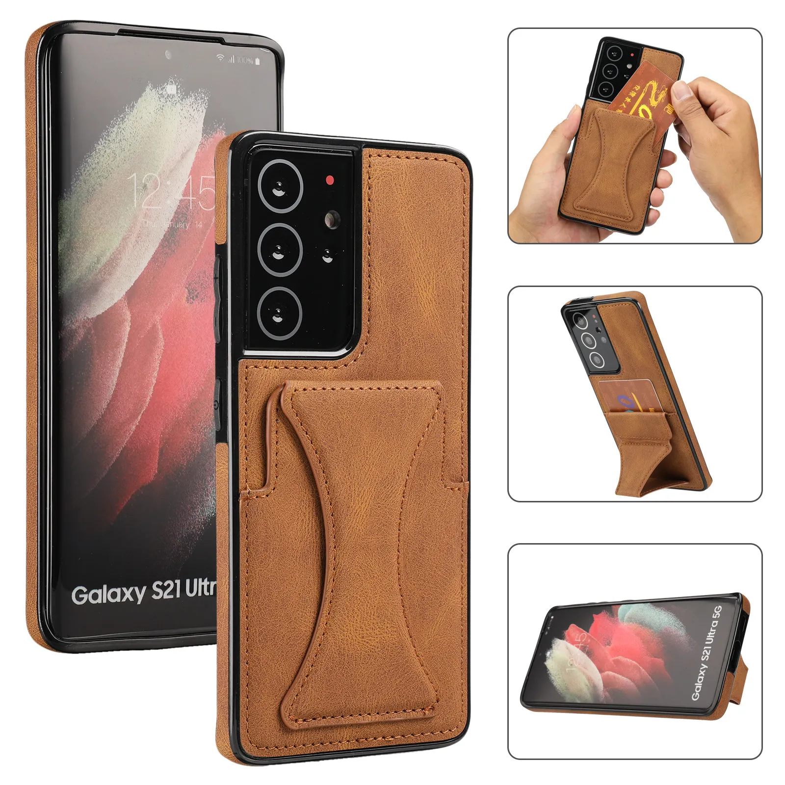 

for Samsung Galaxy S21 S10 S20 Plus Ultra S10E S20 FE Case Luxury Slim Fit Premium Leather Card Slots Shockproof Kickstand Cover