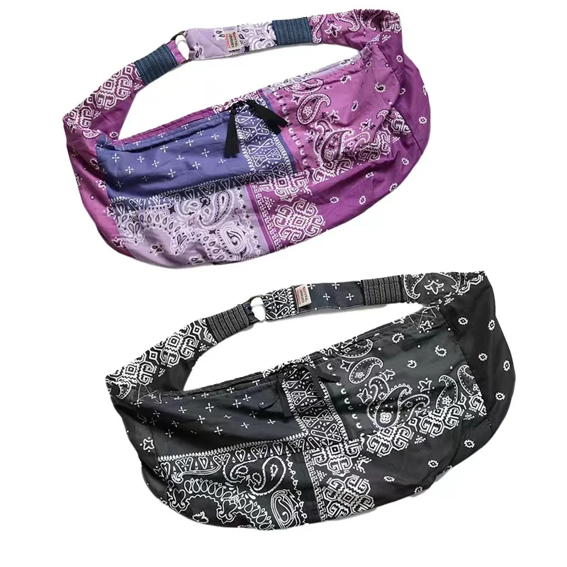 KAPITAL Japanese Two-color Cotton Hemp Cashew and Flower Splicing Men's and Women's Diagonal Straddle Wandering Waist Bag