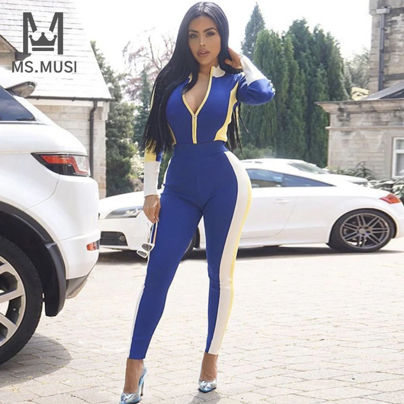 MSMUSI 2023 New Fashion Women Sexy Zipper Patchwork Long Sleeve Bandage Party Club Bodycon Pencil Pant Lady Jumpsuit Vestidos