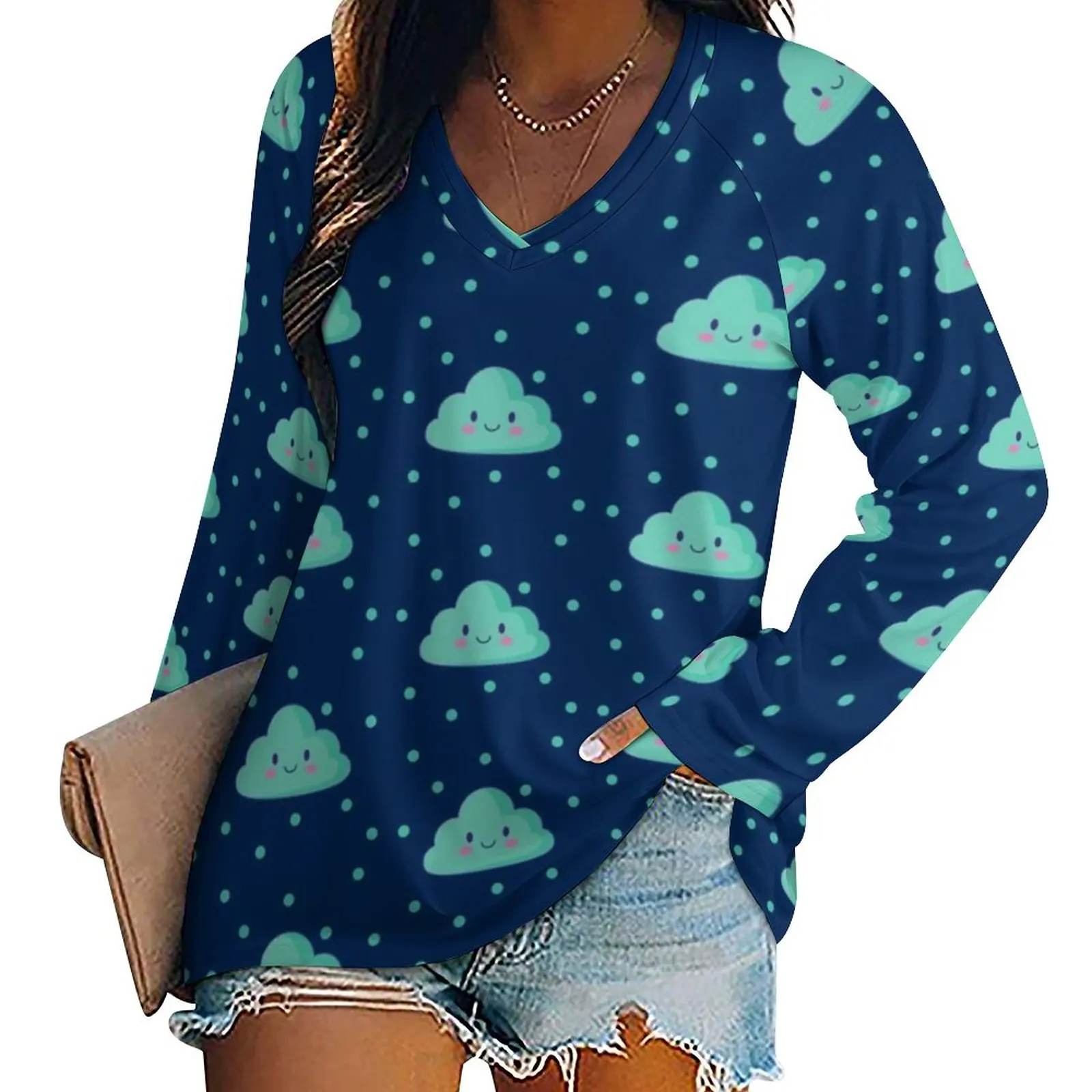 

Kawaii Cloud T Shirts Polka Dots Print Casual Loose T-Shirt Long Sleeve Aesthetic Graphic Tees Female Clothing Big Size 4XL 5XL