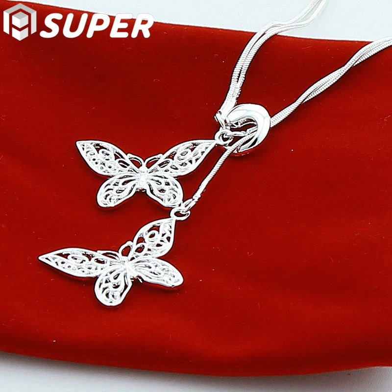 

925 Sterling Silver Two Butterfly Pendant Necklace Double Snake Chain For Wedding Engagement Jewelry