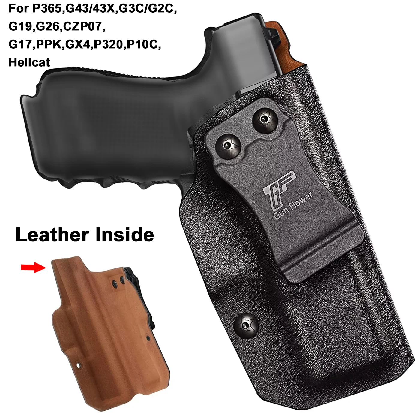 Фото Для Glock G19, G43/43X, G3C/G2C, SIG P365, G26, CZP07, G17, PPK, GX4, P320, P10C, Hellcat, кожаная внутренняя кобура, IWB, закрепленная, правая рука №1