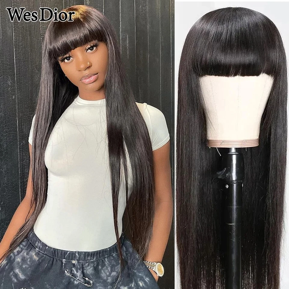 100% Human Hair Wig With Bangs Long Human Hair Wigs For Black Women Brazilian Straight Remy Hair Full Machine Made Human Hair