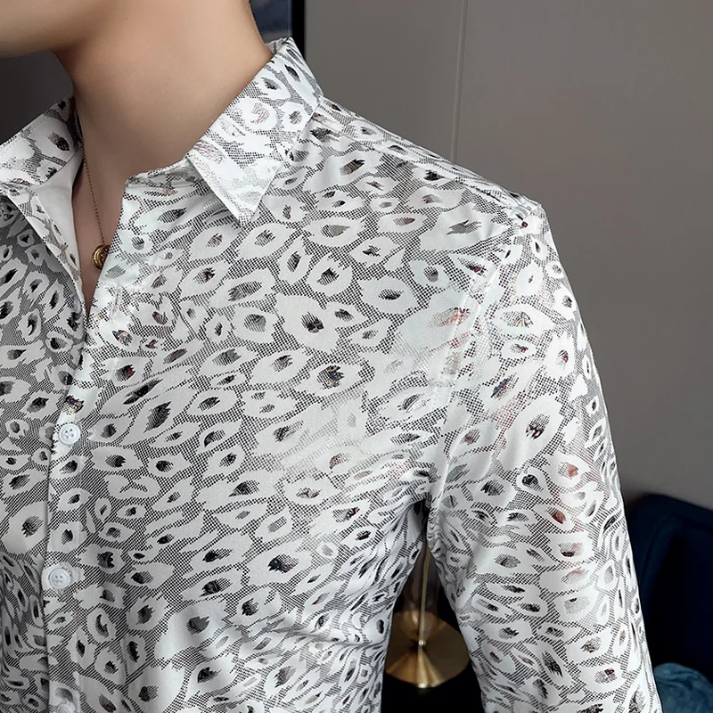 Leopard Print Shirt for Men British Style Slim Long Sleeve Casual Shirt Business Dress Clothing Social Party Streetwear Blouse