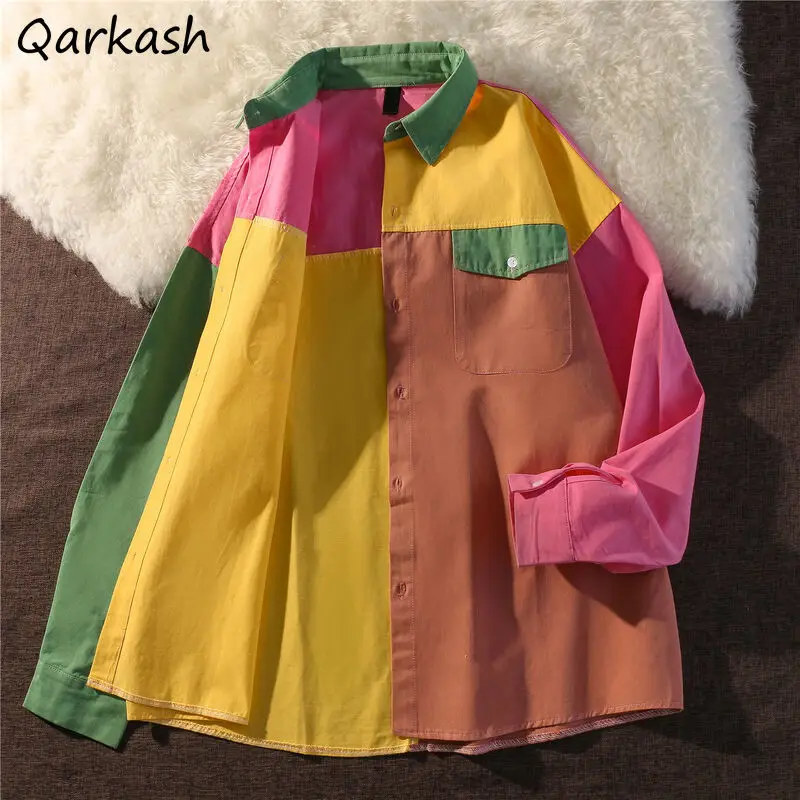 

Shirt Women Contrast Stitching Workout Spring Autumn Loose Korean Style Vintage Chic Long Sleeve Casual Patchwork All-match New