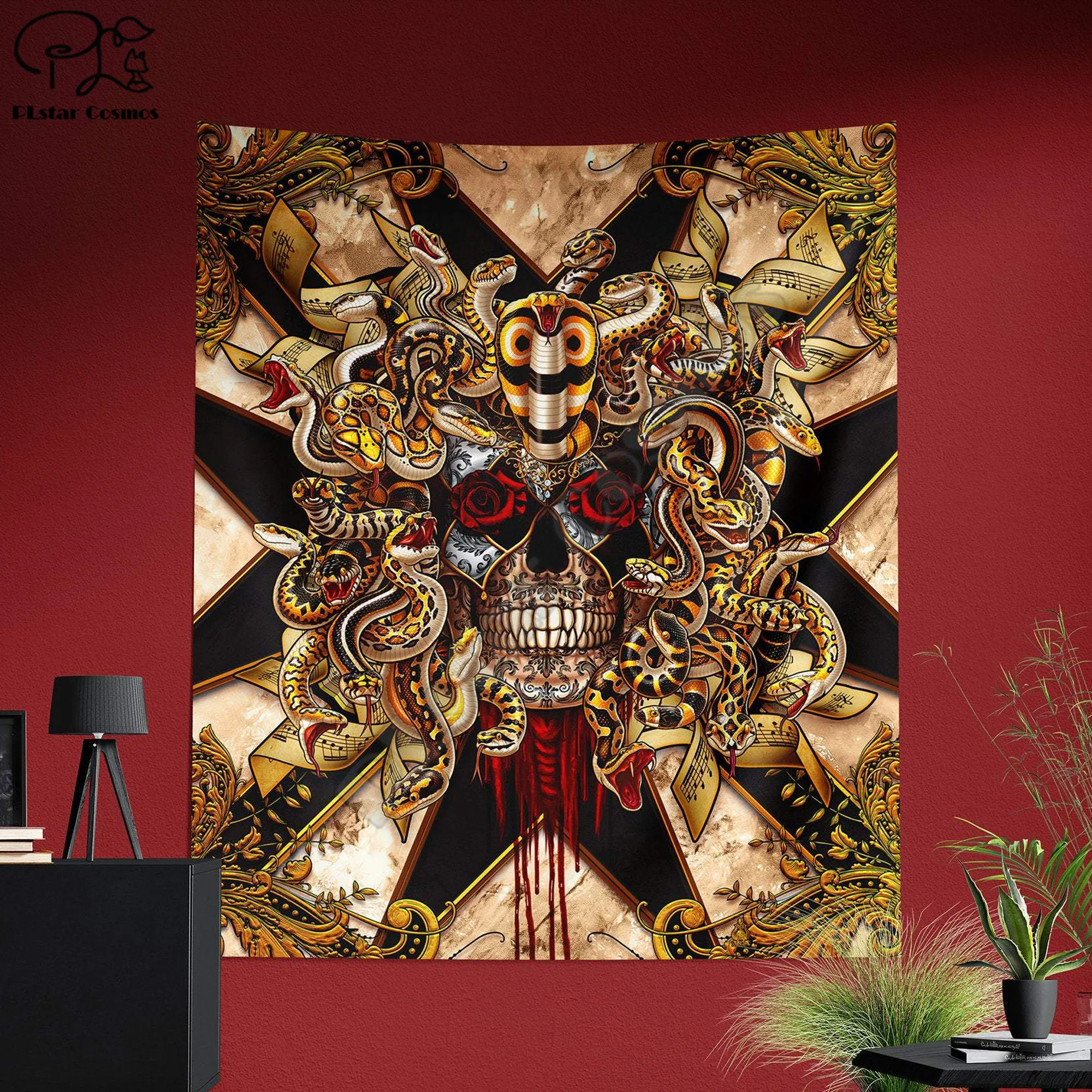 

Гобелен с черепом, художественный принт венецианского карнавала, фантазийный декор, черный Арлекин медузы и золотые змеи, 3D гобелен с принт...