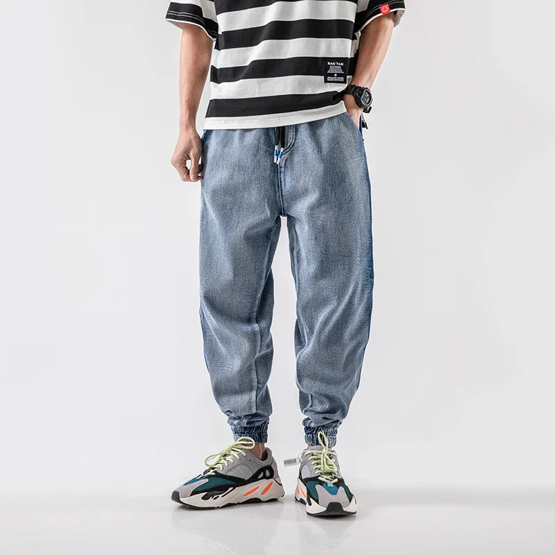 

Prowow 2021 Spring Fashion Streetwear Men Jeans Loose Blue Color Cargo Pants Side Stripe Printed Harem Jeans Hip Hop Jeans