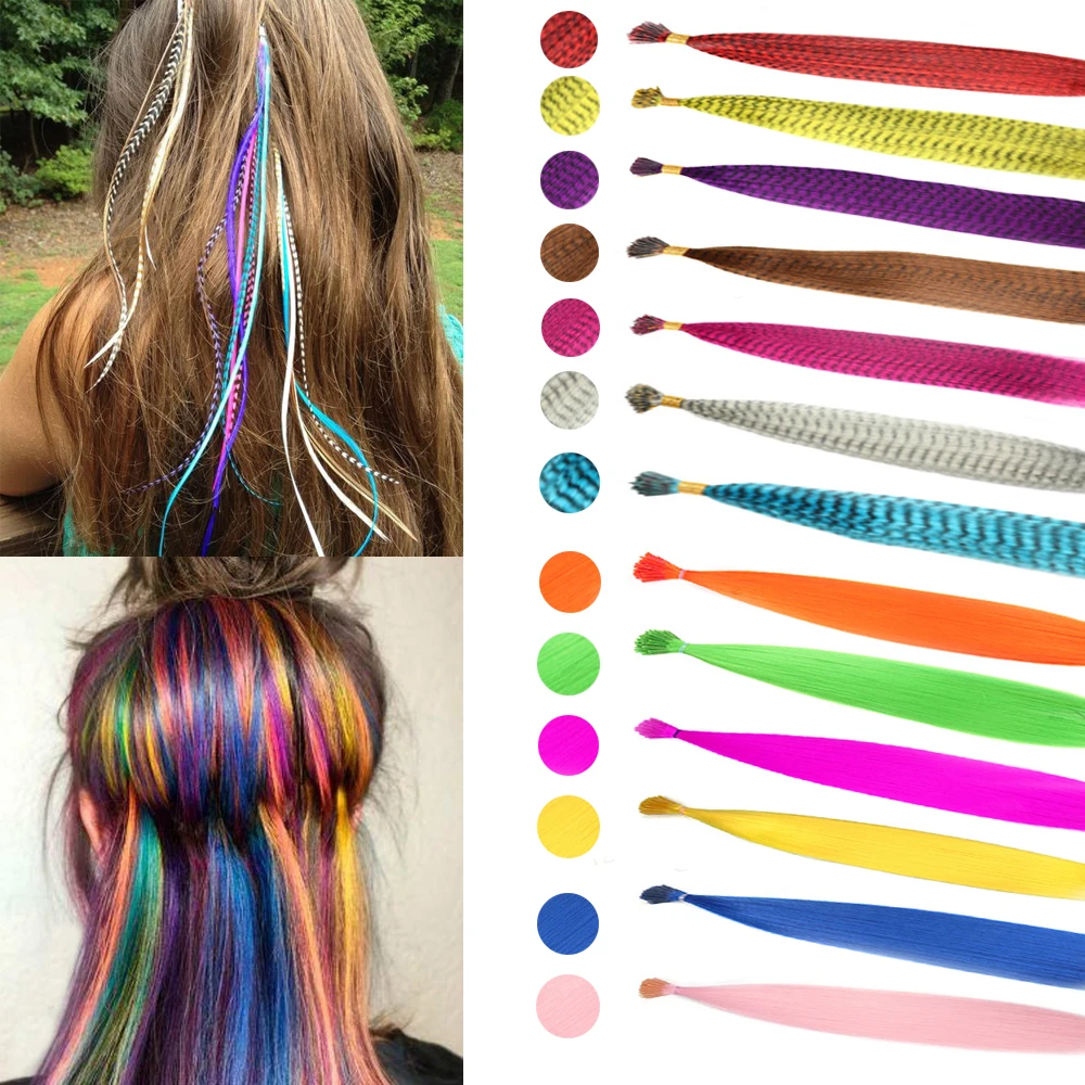 Feather Color Hair Extension High Temperature Synthetic Wig Zebra Striped Feather Hair Extension Solid Color Hair Extension