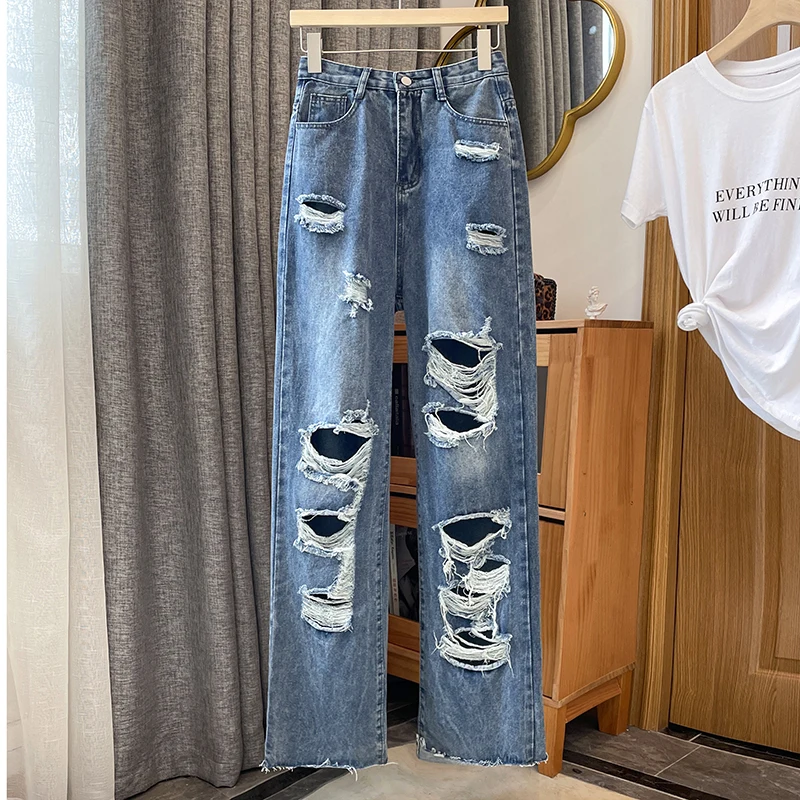 

Women's Spring/Summer Straight Barrel High Waist Slim Broken Hole Jeans Beggar Pants