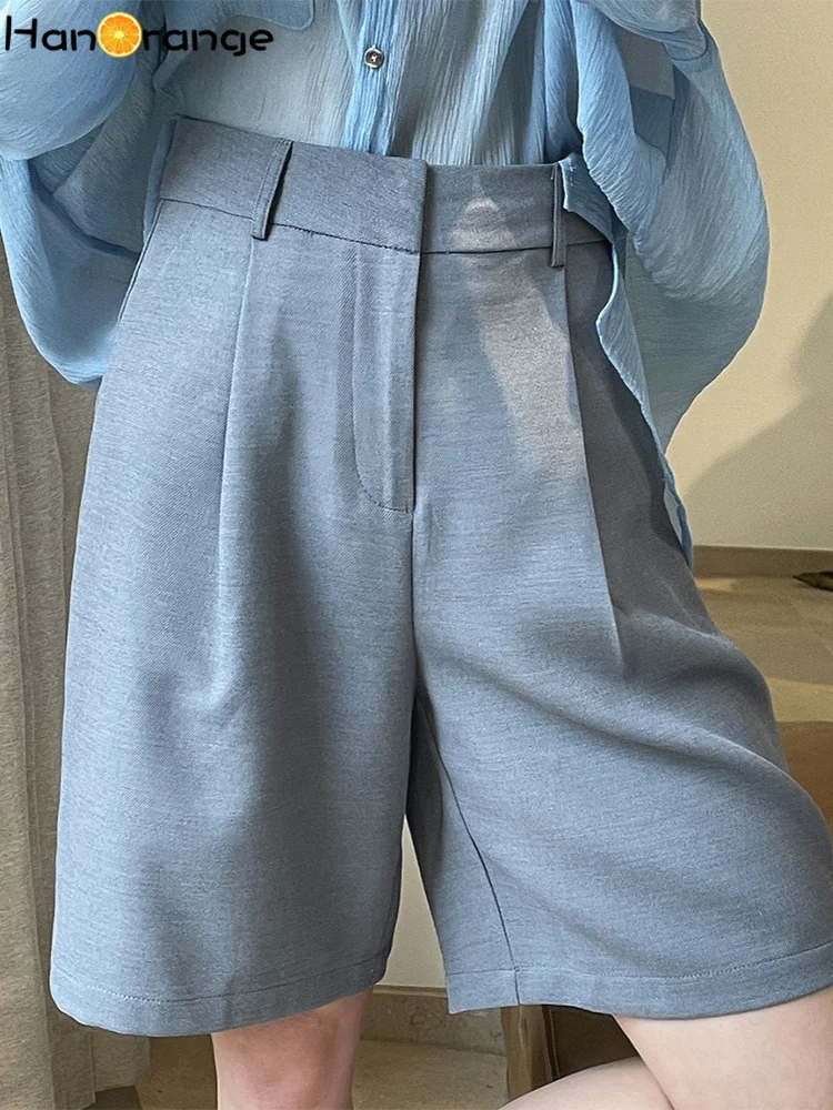 

HanOrange 2022 Women's Summer Shorts High Waist Fashion Knee Length Trousers Loose A-Line Casual Shorts Black/gray