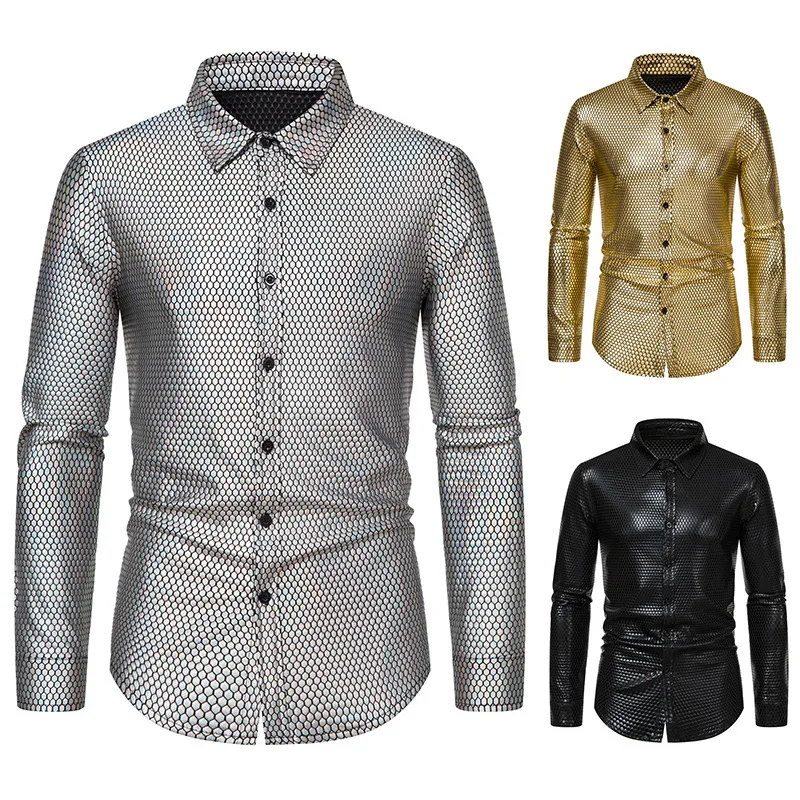 Spring and autumn new European size men's 70s disco trend men's cardigan top Diamond Foil Print Men's Long Sleeve Shirt S-2XL