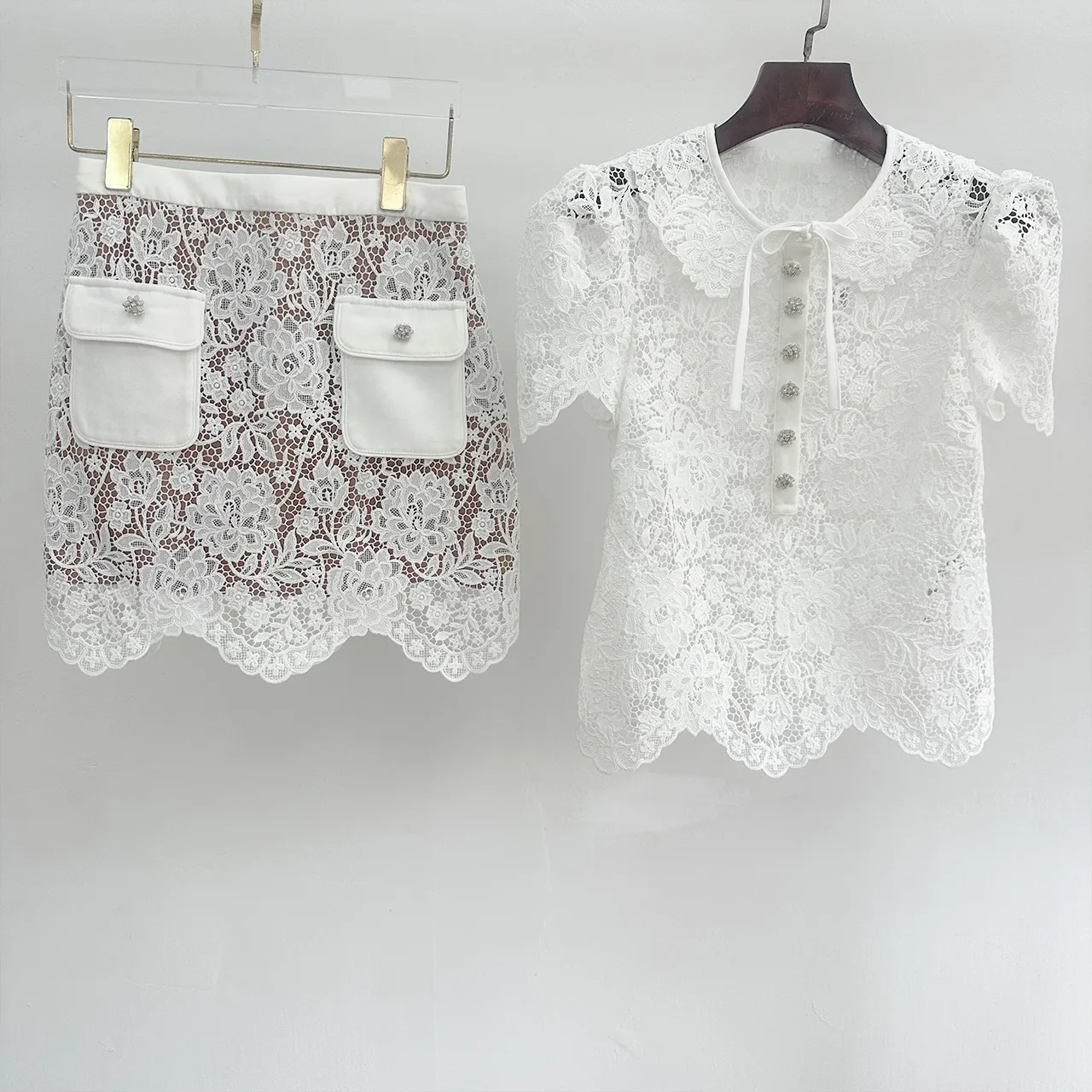 

White Lace Crochet Set Women Zipper A-Line Pockets Mini Skirt or Lace-Up Short Sleeve Rhinestone Buttons Blouse Lady Sweet Suit