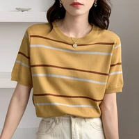 thin striped knitted t shirt women summer 2022 womens fashion clothing tshirt short sleeve casual korean style tee shirt femme