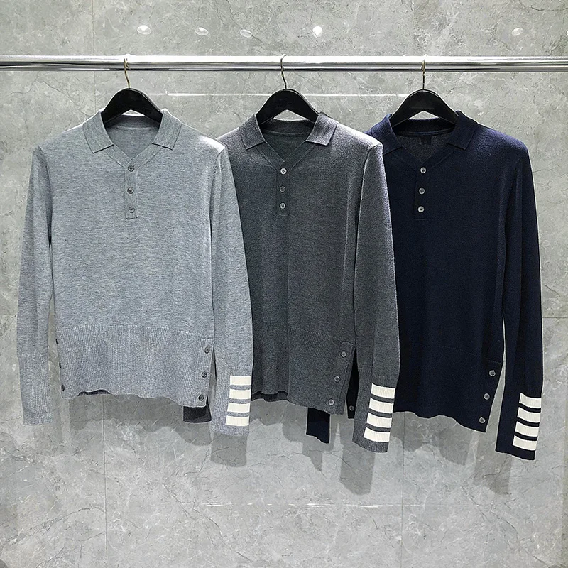 TB THOM Men's Sweaters New Arrival Luxury Brand Knit T-shirt Sleeve Stripes Solid Pullovers Casual Harajuku Polo Sweaters