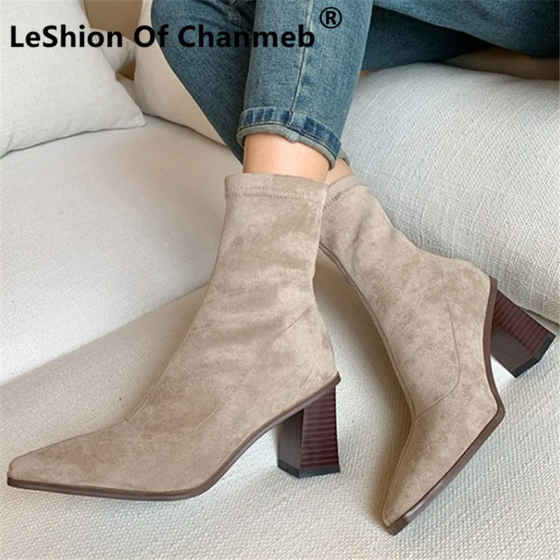 

LeShion Of Chanmeb Women Stretch Suede Leather Boots Black Nude Thick Block High Heels Ankle Short Boot Woman Winter Big Size 43