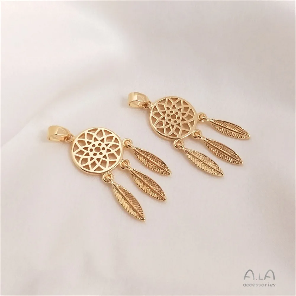 

14K Gold Filled Plated Flower net three hanging feather pendant flow susen handmade DIY clavicle necklace earring pendant