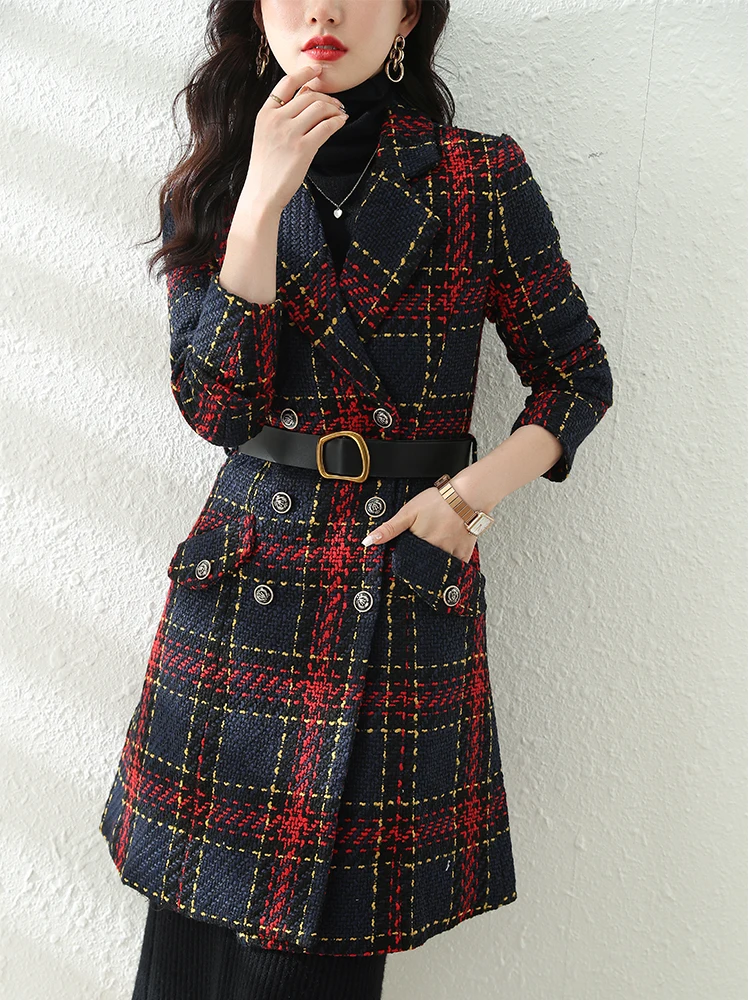 Women Long Casual Plaid Blazer Triple Breasted Jacket Elegant Ladies Red Blue Long Sleeve Female Vintage Coat