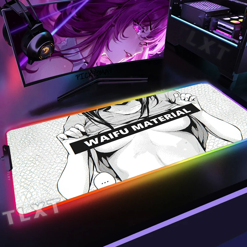 

Anime Girl LED Gaming Mousepads RGB Mouse Pad Backlight Desk Mat Black And White Luminous Large Mouse Mat Gamer Mousepad