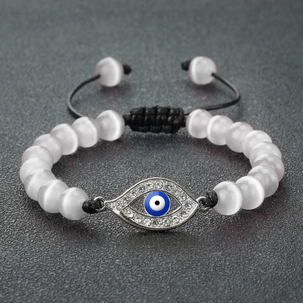 

Women White Cat Eye Stone Beads Bracelets New Turkish Lucky Evil Eye Bangles Fashion Reiki Healing Female Opal Bracelet Jewelry