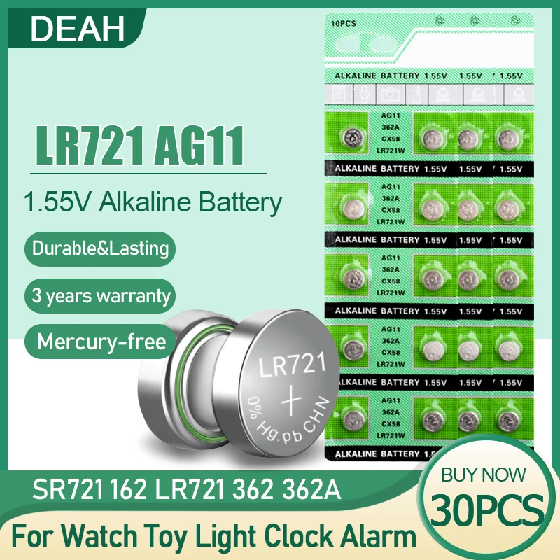30 шт. AG11 362 LR721 SR721SW 362A L721F 162 V362 1 55 В щелочная батарея для игрушек часов пульт