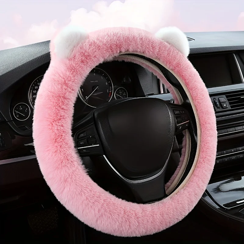 

38cm Plush Car Steering Wheel Cover Cartoon Cute Bear Ear Steering Wheel Handle Cover Winter Warmth Steering Wheel Cover