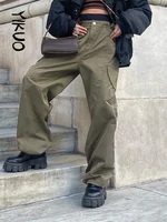 yikuo vintage style woven hippie baggy streetwear women green cargo pants wide leg low waist casual fashion joggers trousers