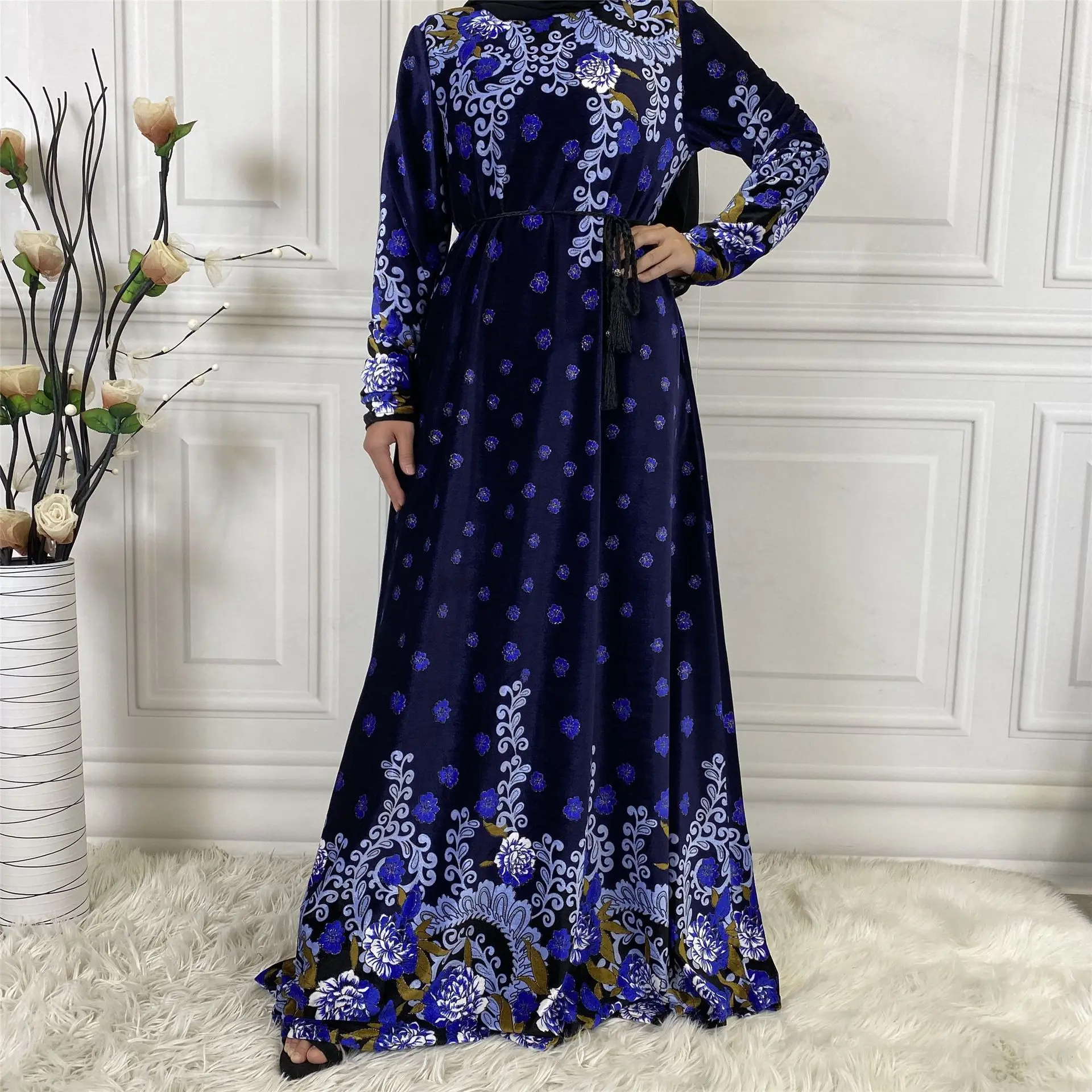 Middle East Fashion Velvet Print Dubai Abaya Turkey Kaftan Islamic Clothing Muslim Woman Maxi Dress  muslim dress